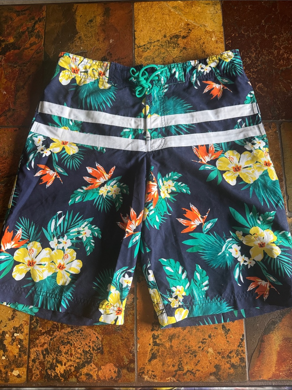 Men's Navy Floral Swim Trunks with Green Drawstring (861)